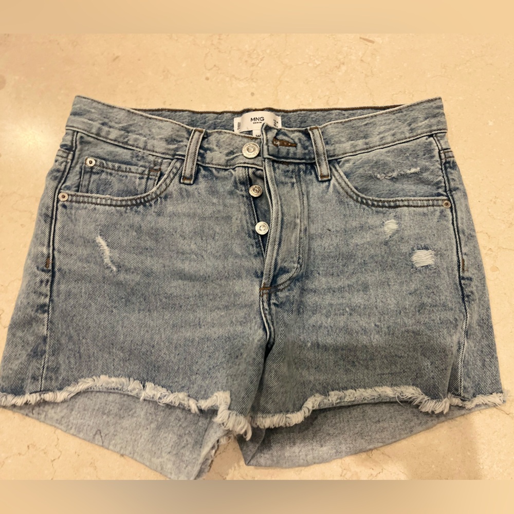 Ming button fly jean shorts, medium wash.